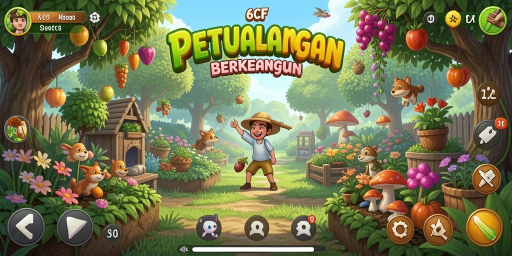 Screenshot gameplay 6CF yang menampilkan kebun yang rimbun dan subur.
