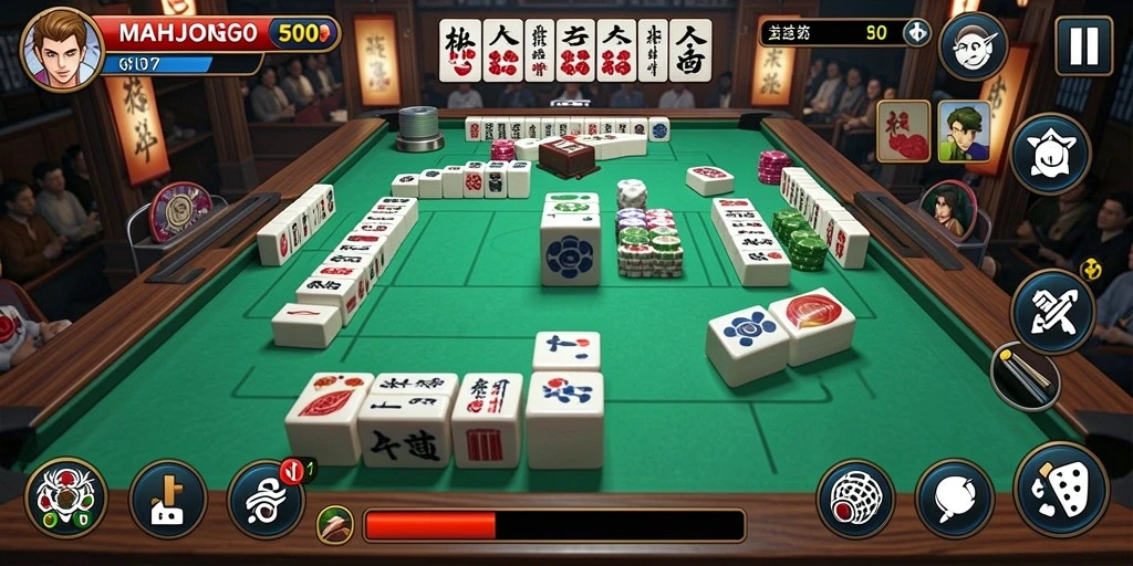 Screenshot gameplay MAHJONG500 menampilkan momen menangkap ikan besar di danau.