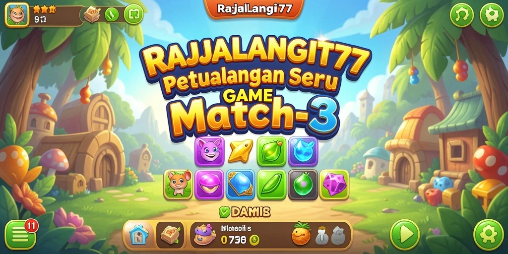 Tangkapan layar gameplay seru RAJALANGIT77 dengan puzzle Match-3 yang menantang.