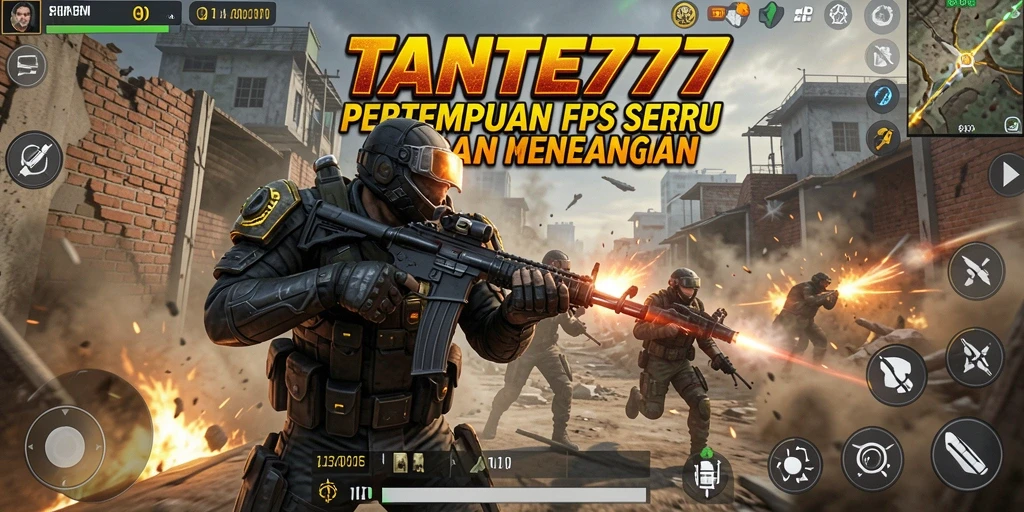 Tampilan gameplay intens TANTE777 dalam aksi pertempuran FPS.